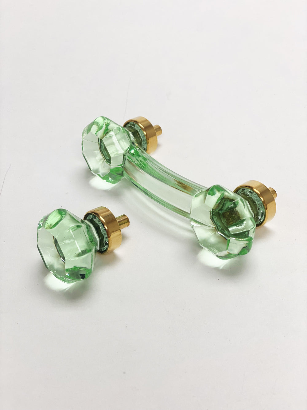 Unlacquered Polished Brass and Green Glass Cabinet Knob and Drawer Pull - Purdy Hardware - 