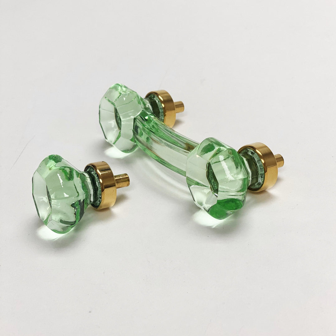 Unlacquered Polished Brass and Green Glass Cabinet Knob and Drawer Pull - Purdy Hardware - 