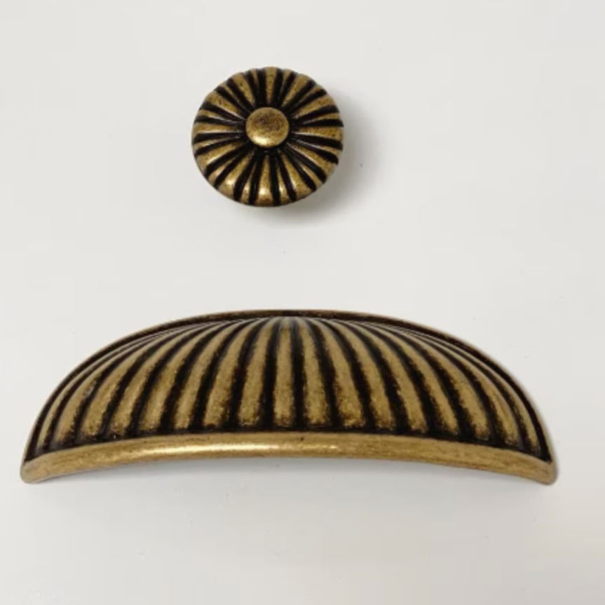 Antique Brass "Celia" Cup Pull and Cabinet Knob - Purdy Hardware - 