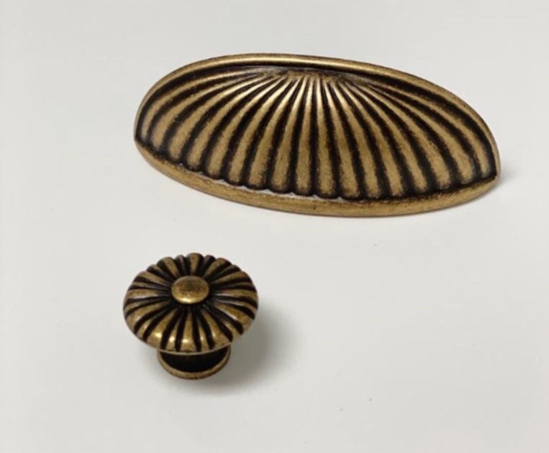Antique Brass "Celia" Cup Pull and Cabinet Knob - Purdy Hardware - 