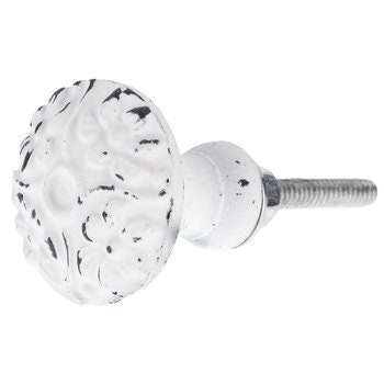 White Distressed "Flora" Embossed Metal Cabinet Knob, Cabinet Hardware Farmhouse Drawer Pull
