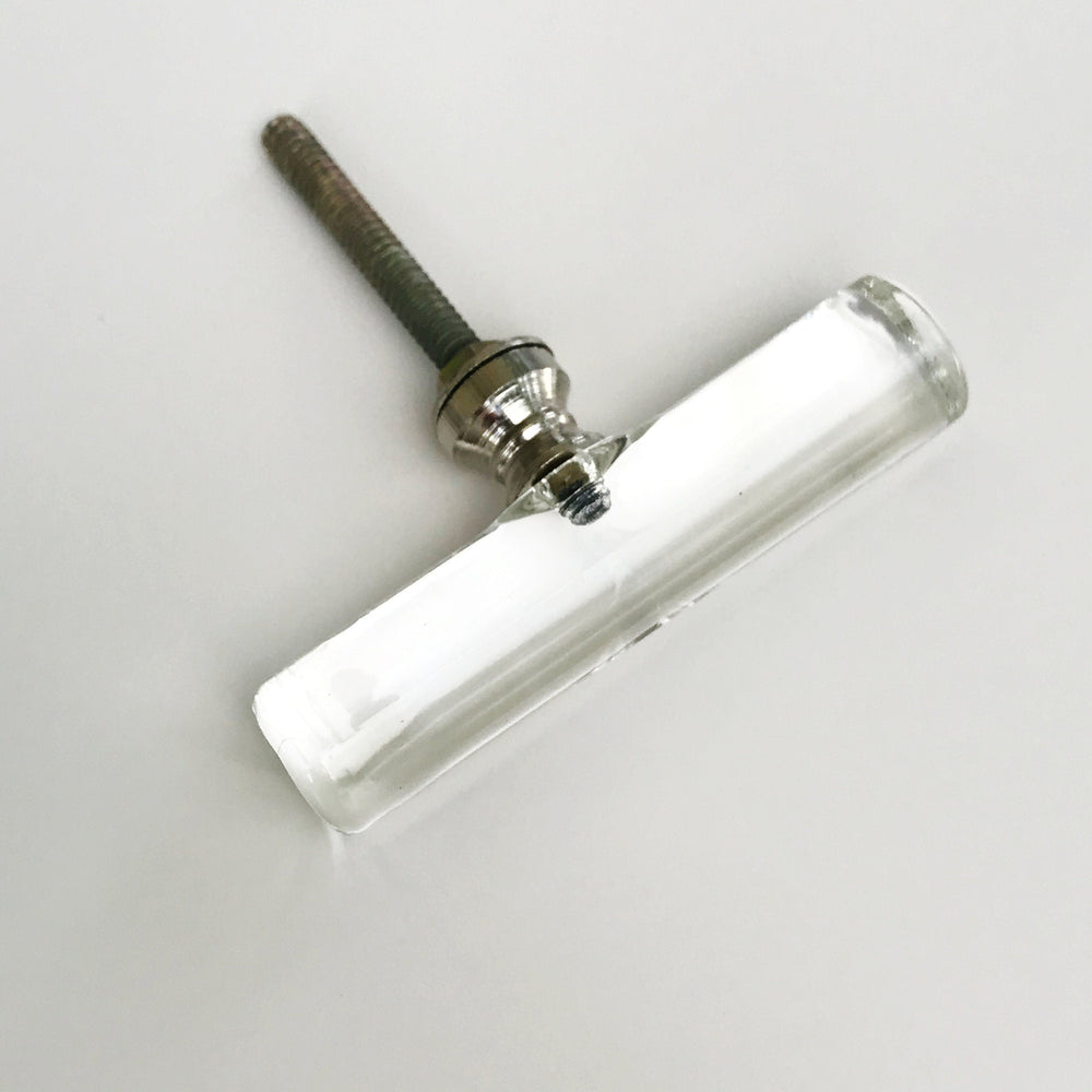 Glass Round Cylinder "Narla" Drawer T-Knob,  Glass Cabinet Hardware, Silver Nickel Drawer Furniture Handle