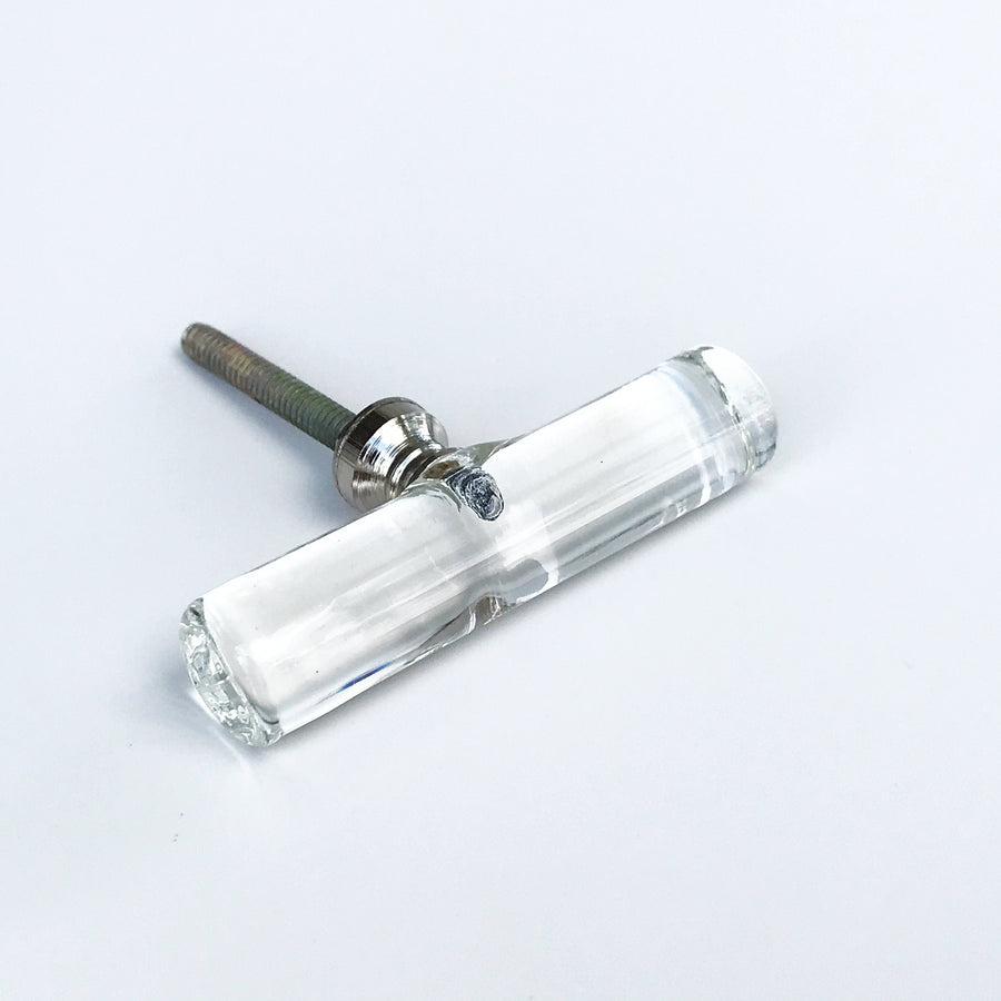 Glass Round Cylinder "Narla" Drawer T-Knob,  Glass Cabinet Hardware, Silver Nickel Drawer Furniture Handle