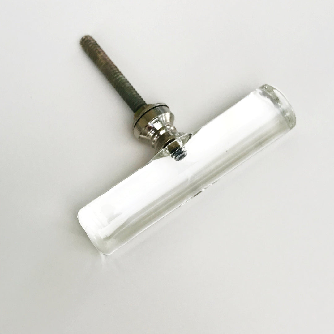 Glass Round Cylinder "Narla" Drawer T-Knob,  Glass Cabinet Hardware, Silver Nickel Drawer Furniture Handle