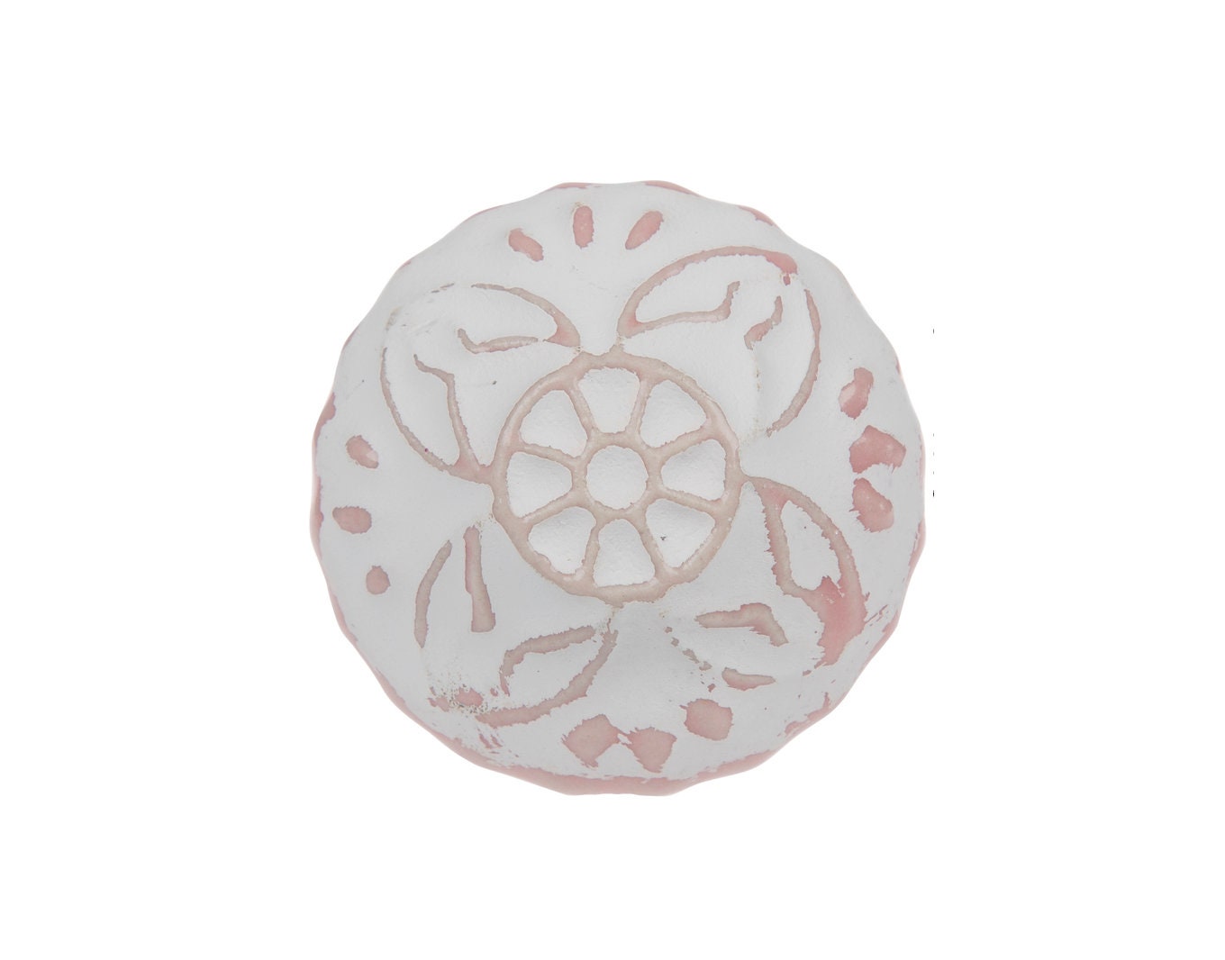 Ceramic Pink and White Distressed "Lili" 1-3/4" Embossed Metal Cabinet Knob, Cabinet Hardware Farmhouse Drawer Pull