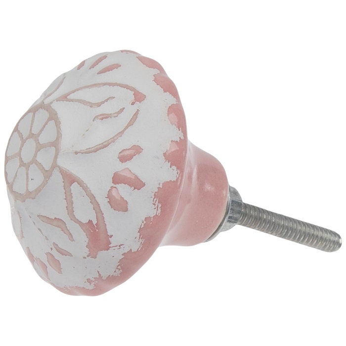 Ceramic Pink and White Distressed "Lili" 1-3/4" Embossed Metal Cabinet Knob, Cabinet Hardware Farmhouse Drawer Pull
