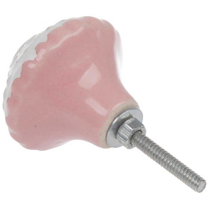 Ceramic Pink and White Distressed "Lili" 1-3/4" Embossed Metal Cabinet Knob, Cabinet Hardware Farmhouse Drawer Pull