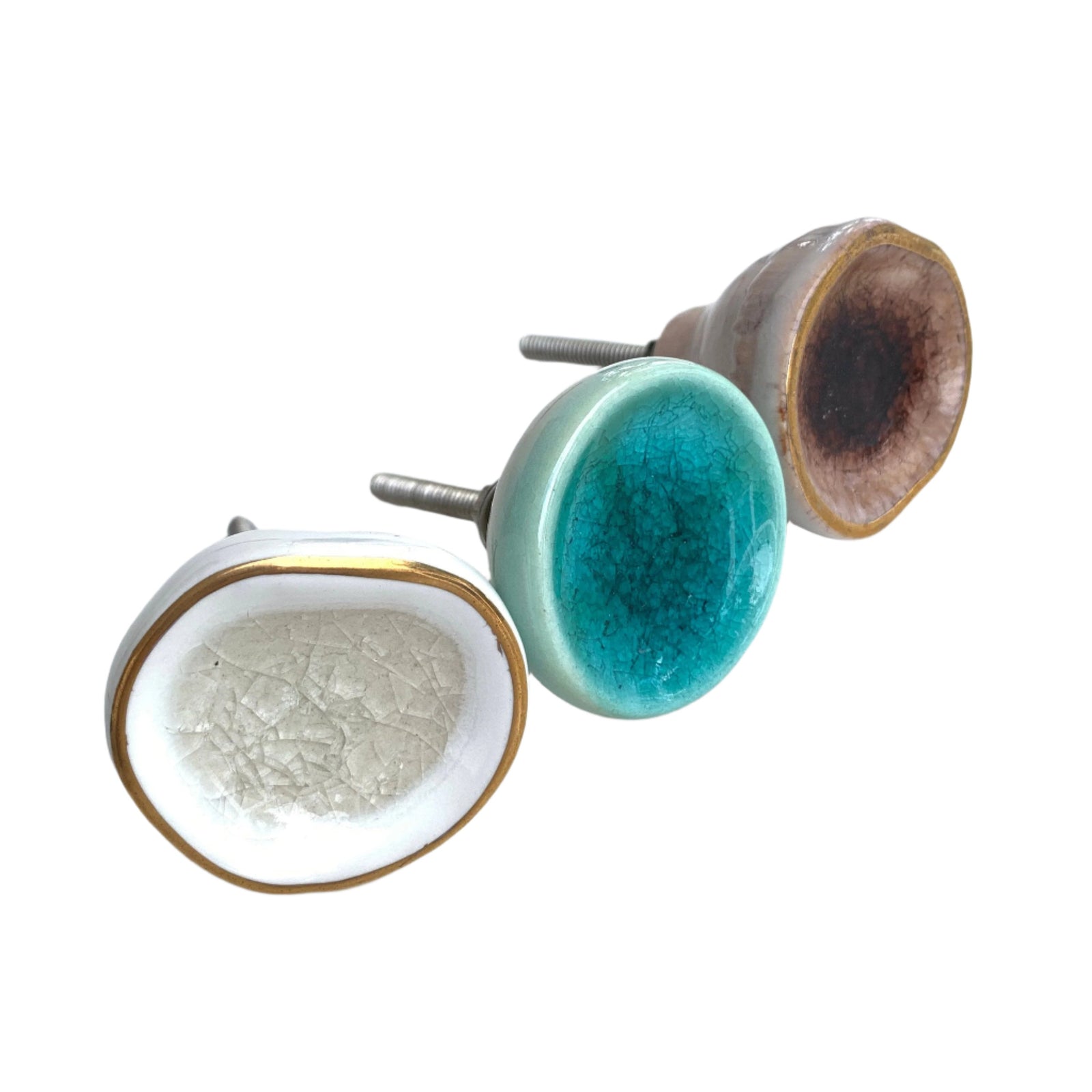 Ceramic Pretty Glass with Gold Line Detail Crackle Knob White, Blue, Taupe Colors