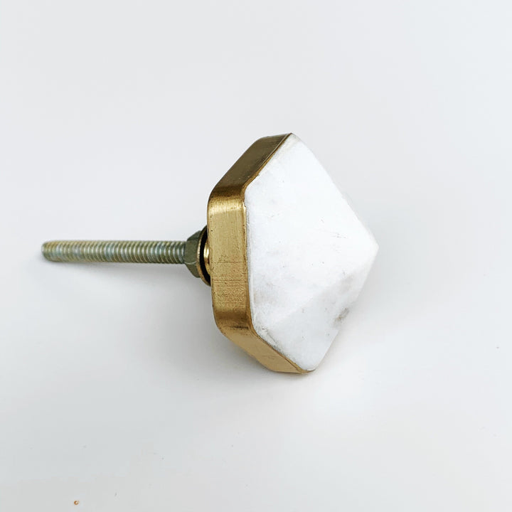 Hexagon Brass and White Marble "Diamond" Cabinet Drawer Knob, Modern Cabinet Hardware Farmhouse Drawer Pull