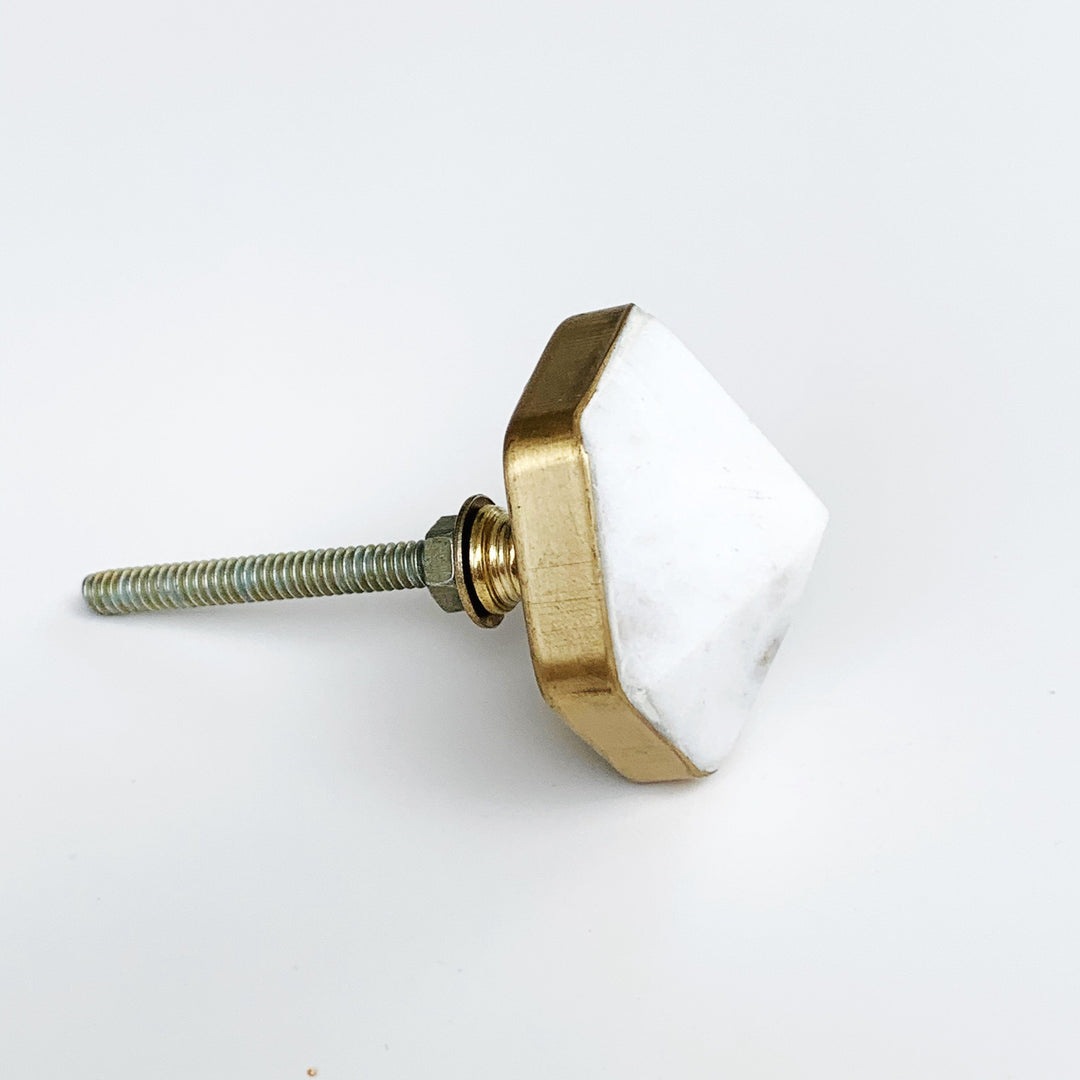 Hexagon Brass and White Marble "Diamond" Cabinet Drawer Knob, Modern Cabinet Hardware Farmhouse Drawer Pull