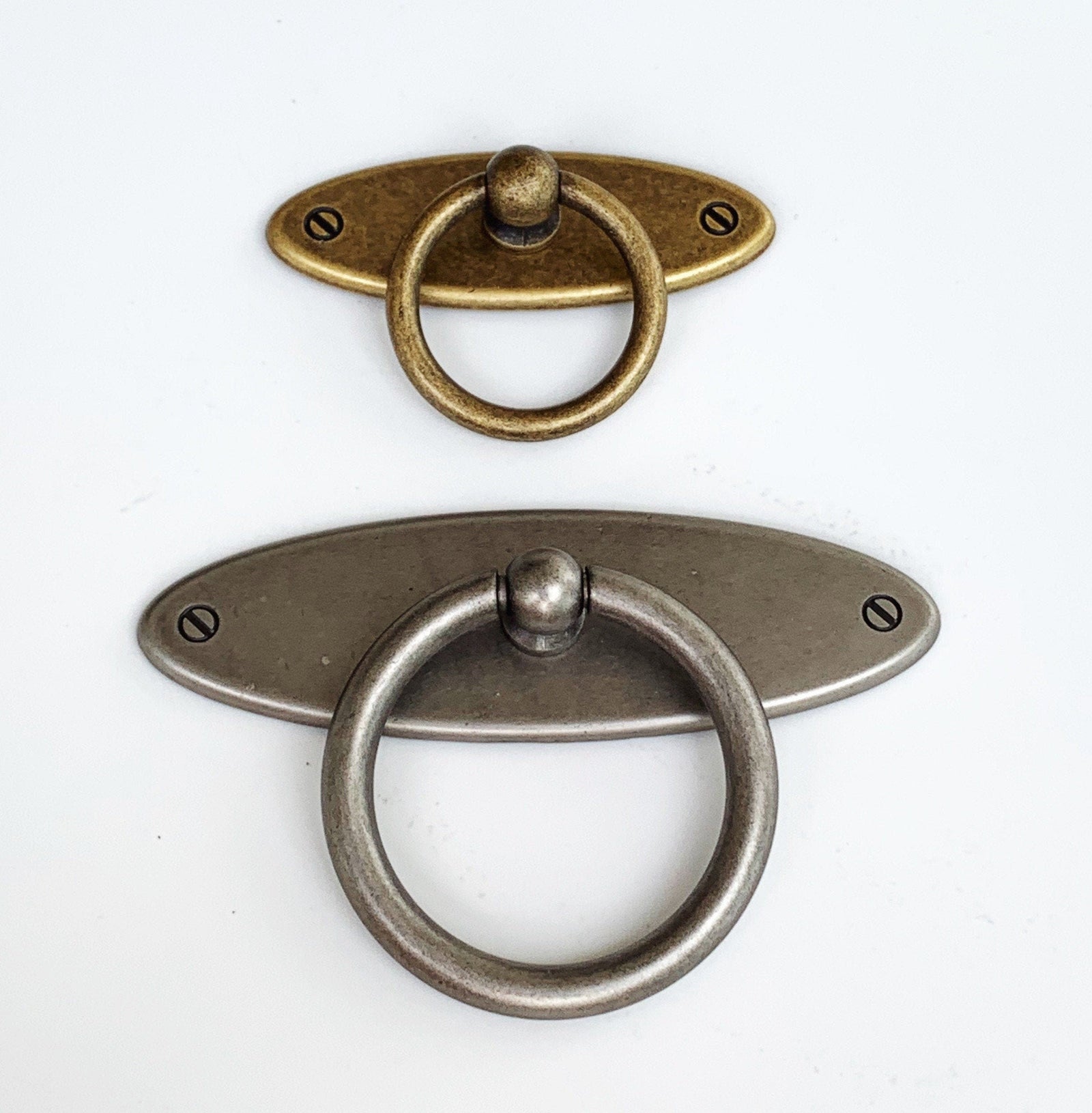 Ring Pull with Backplate in Antique Brass and Antique Silver Cabinet Drawer Pull, Modern Cabinet Hardware