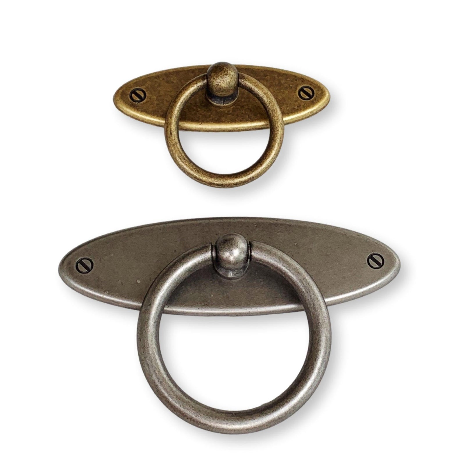 Ring Pull with Backplate in Antique Brass and Antique Silver Cabinet Drawer Pull, Modern Cabinet Hardware