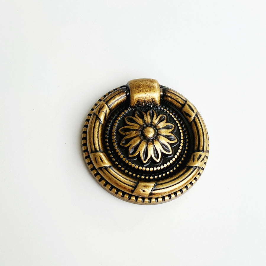 Ring Pull Antique Brass "Floral" Cabinet Knob, Cabinet Drawer Pull, Modern Cabinet Hardware Farmhouse Drawer Pull