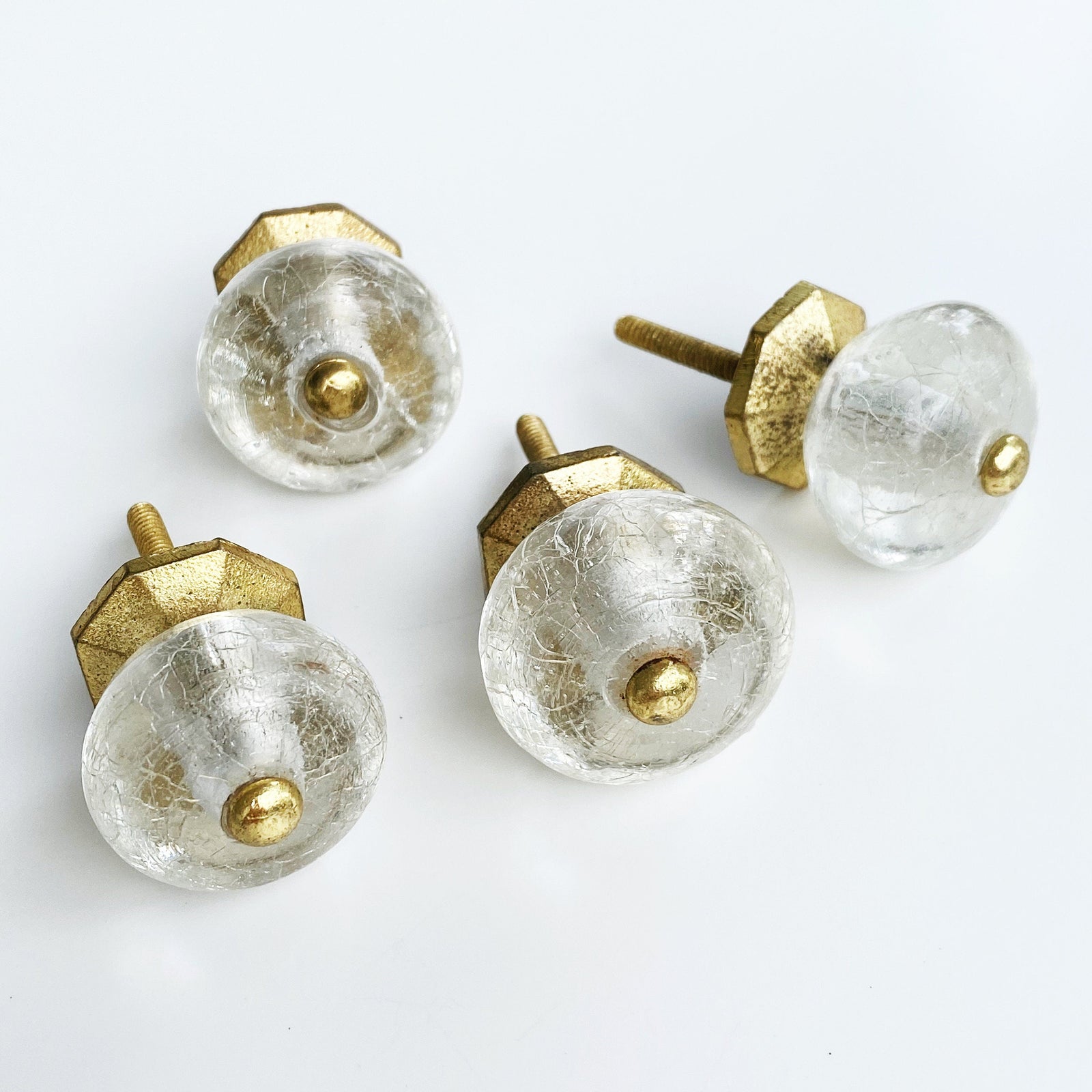 Crackle Glass Brass Cabinet Knobs, Glass Drawer Hardware, Gold Drawer