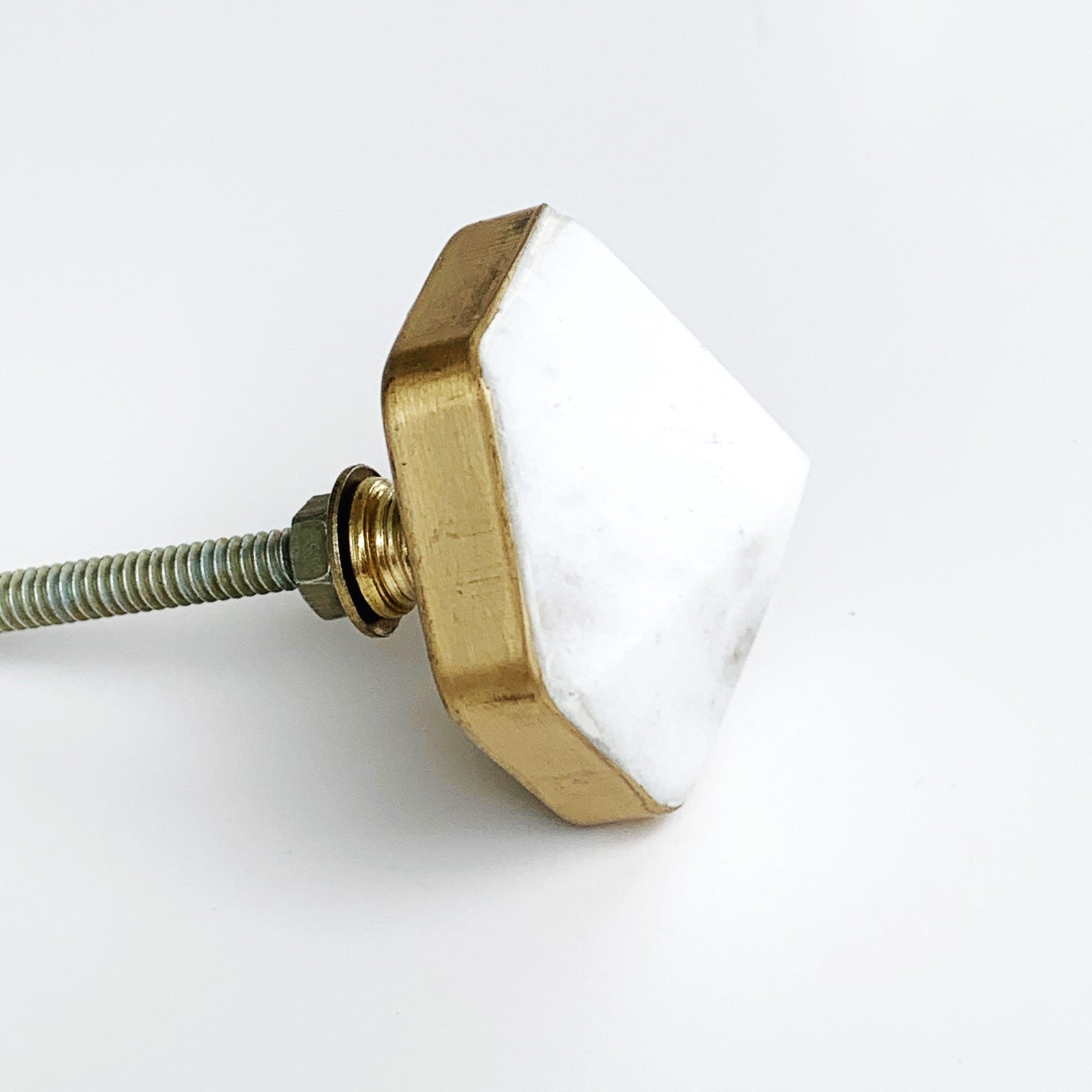 Hexagon Brass and White Marble "Diamond" Cabinet Drawer Knob, Modern Cabinet Hardware Farmhouse Drawer Pull