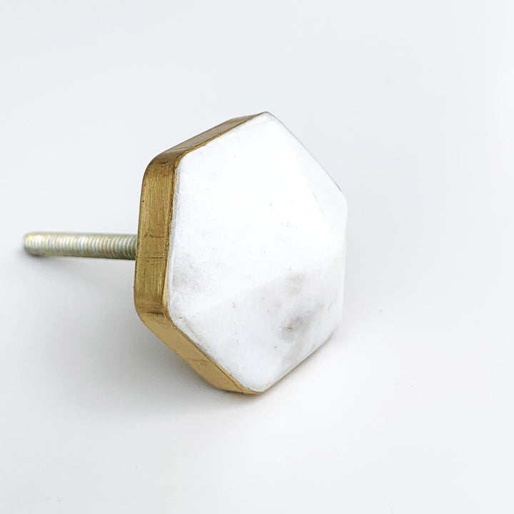 Hexagon Brass and White Marble "Diamond" Cabinet Drawer Knob, Modern Cabinet Hardware Farmhouse Drawer Pull