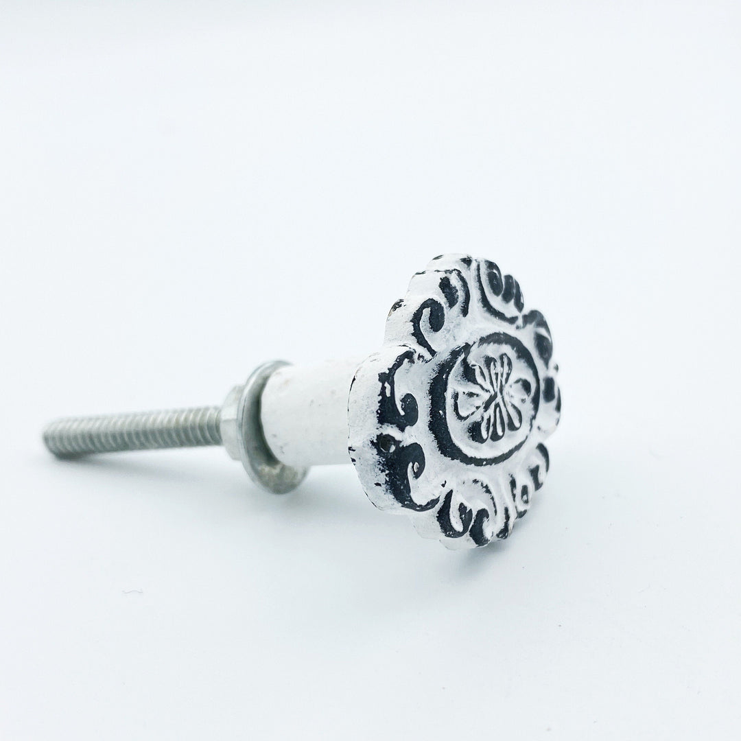 White Distressed "Cara" Drawer Knob, Cabinet Hardware Farmhouse Drawer Pull