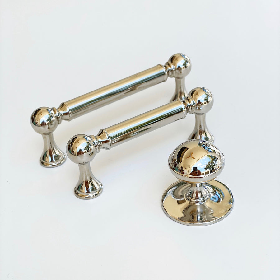 Polished Nickel Transitional "Queen" Cabinet Knob and Pulls, Drawer Pull, Kitchen Cabinet Hardware