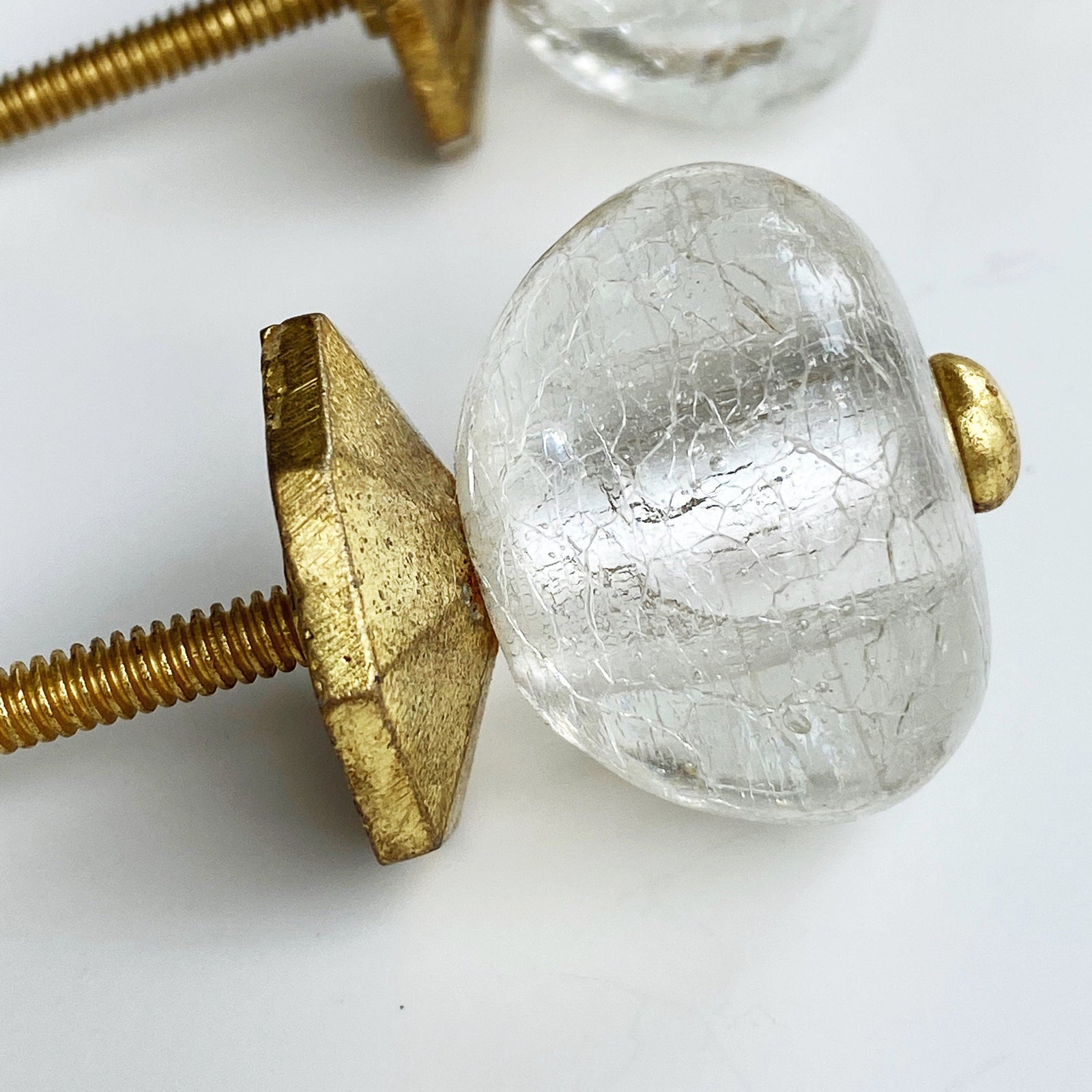 Crackle Glass Brass Cabinet Knobs, Glass Drawer Hardware, Gold Drawer