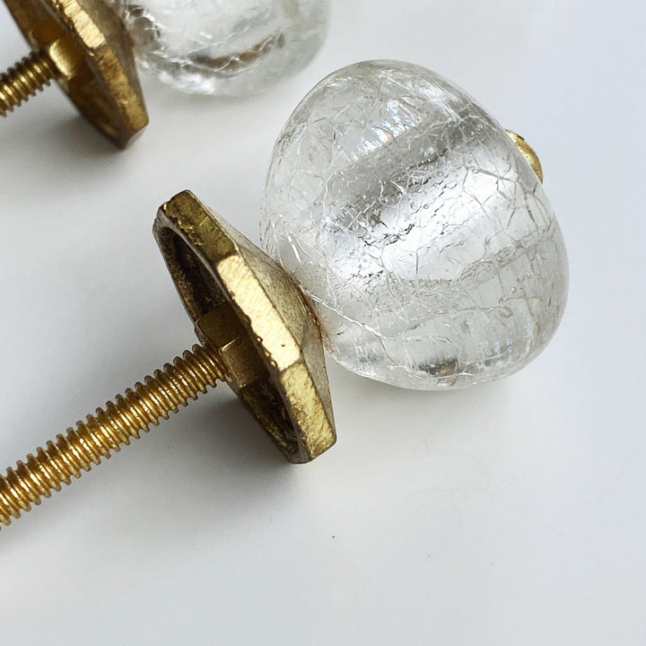 Crackle Glass Brass Cabinet Knobs, Glass Drawer Hardware, Gold Drawer