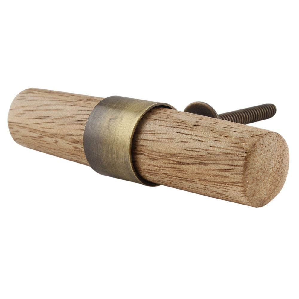 Wooden Natural T-Bar and Antique Brass Drawer Cabinet Knob and Pull, Cabinet Hardware Farmhouse Drawer Pull