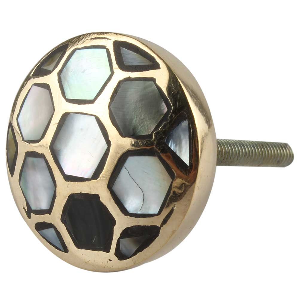 Mother of Pearl White  & Black Honeycomb Shell Knob, w/brass Round Vintage Knob, Cabinet Furniture Hardware