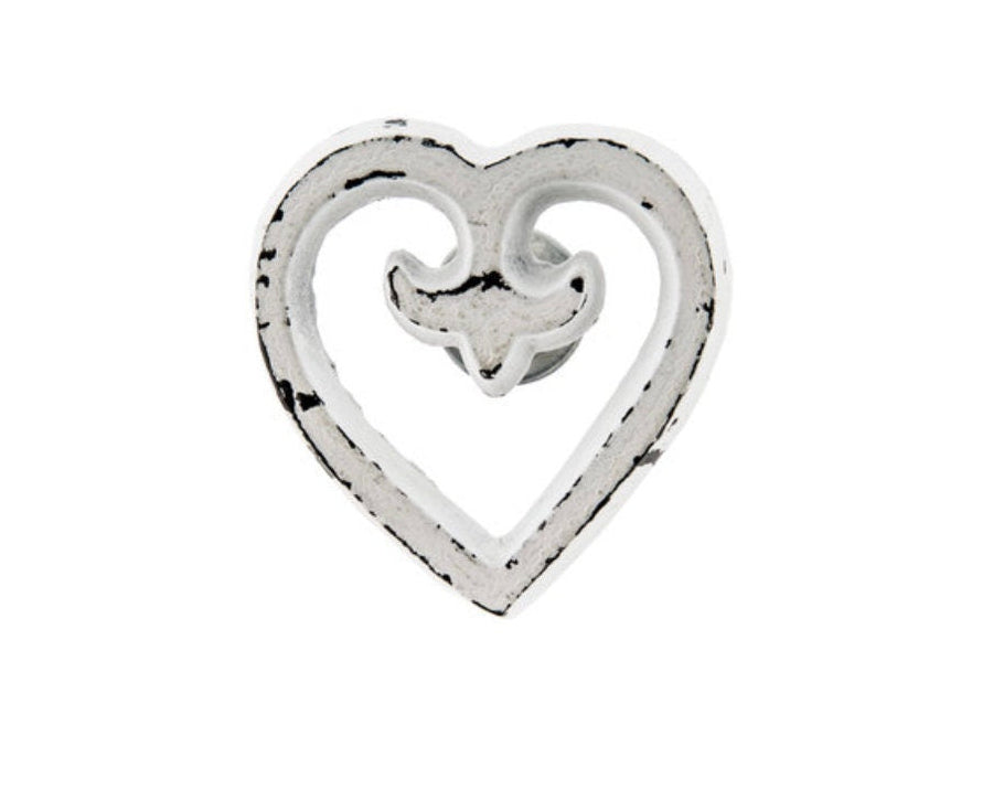 White Distressed Drawer Pull "Heart" Knob, Cabinet Hardware Farmhouse Drawer Pull