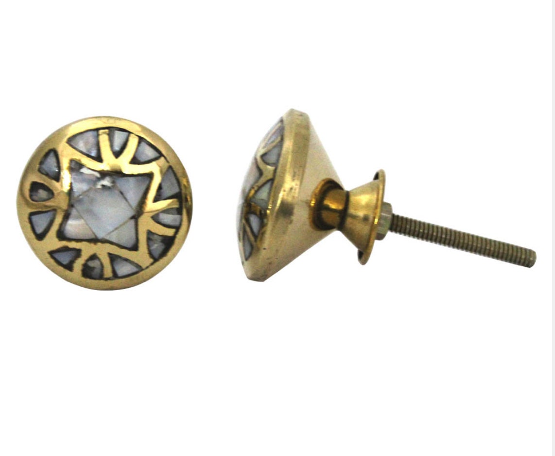 Brass and Mother of Pearl Embroidered Cabinet Drawer Knob, Modern Cabinet Hardware Shell Drawer Pull