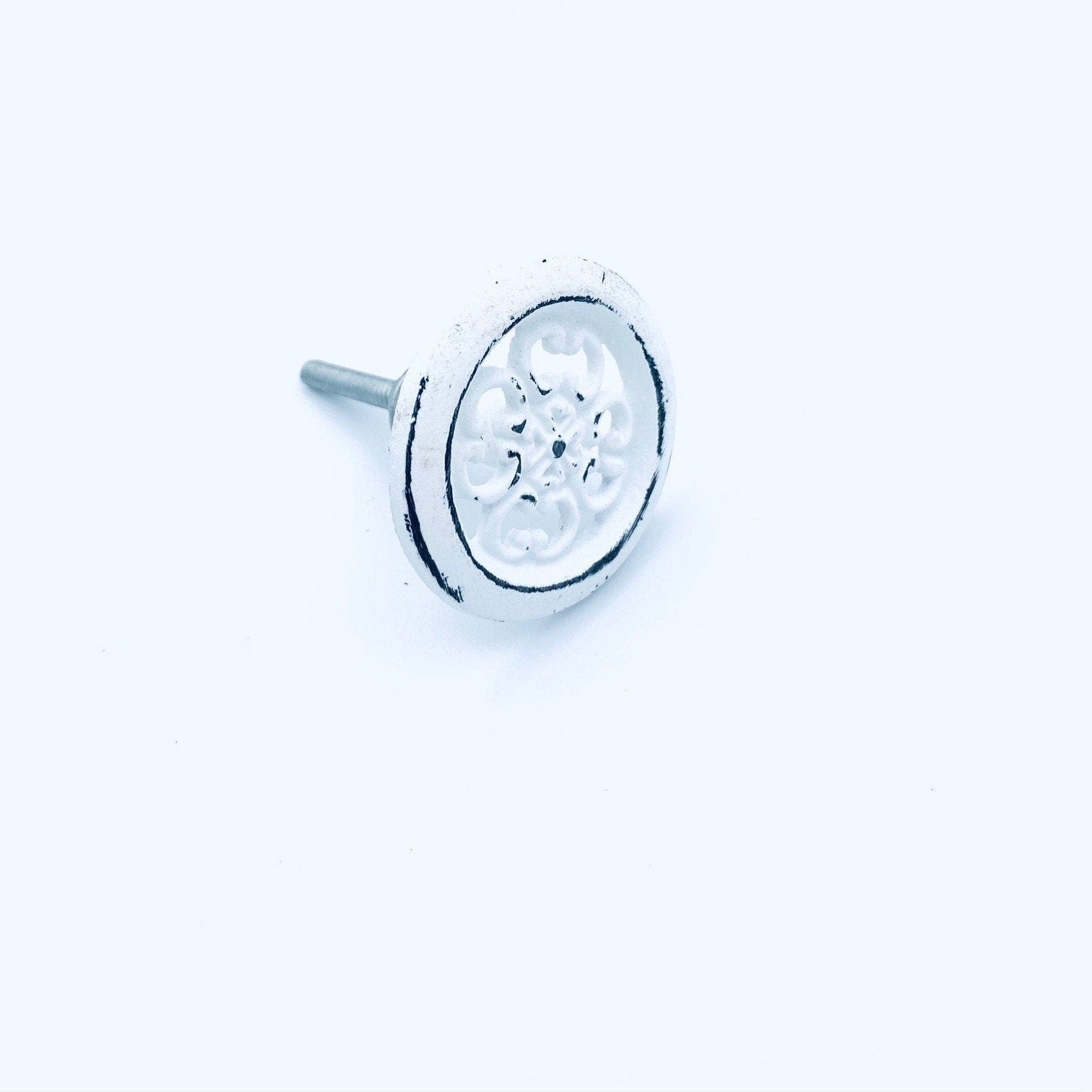 White Distressed "Aurora" Embossed Metal Cabinet Knob, Cabinet Hardware Farmhouse Drawer Pull