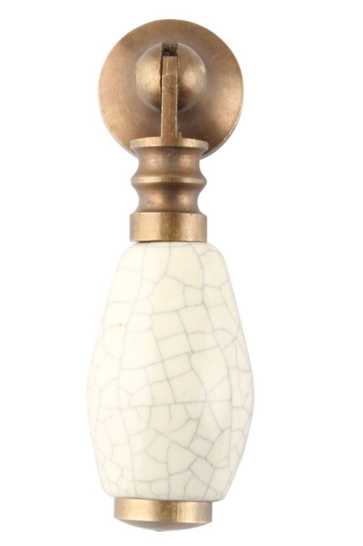 Antique Brass Drop with Solid Cracked Beige Ceramic Cabinet Knob Bin Cup Drawer Pull, Modern Cabinet Hardware Farmhouse Drawer Pull