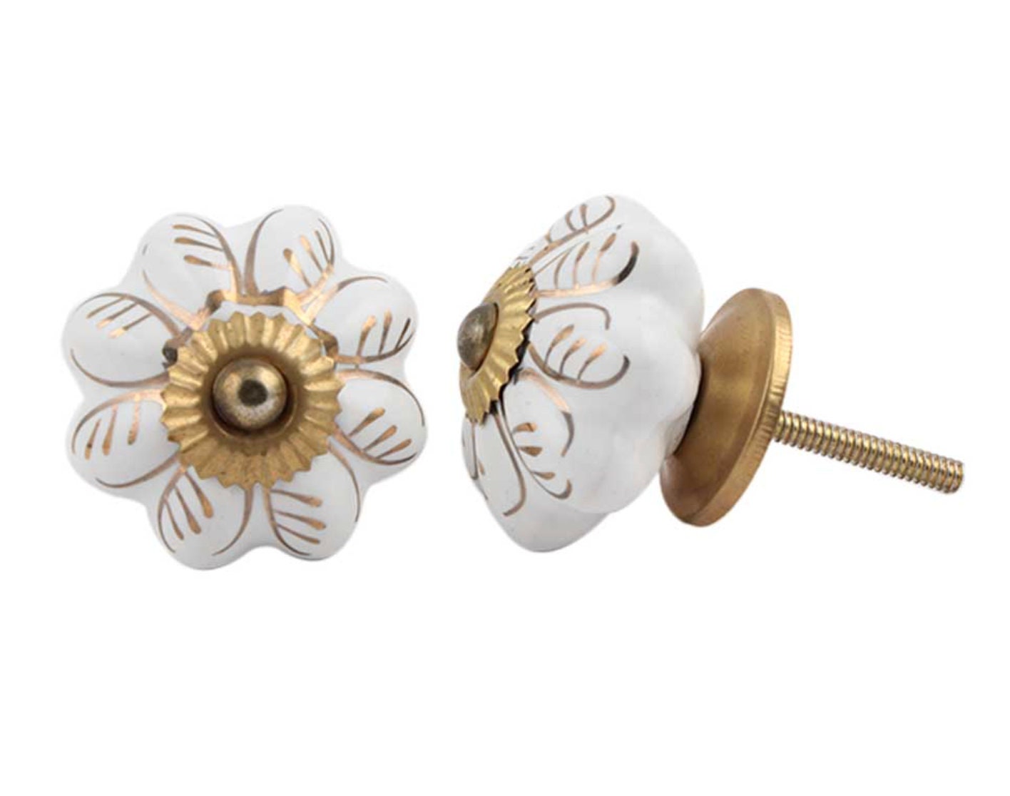 Ceramic White and Golden Finish Scallop  Cabinet Knob, A variation of Antique Finish Drawer Furniture Handle