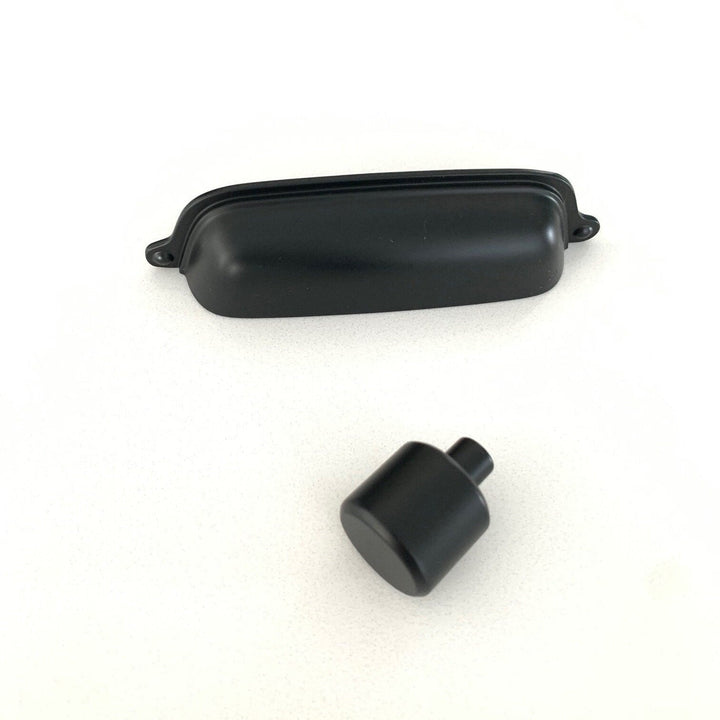 Matte Black Farmhouse Cup Pull 3-in or 3-3/4" Center to Center Dual Mount Cylindrical Bail & Modern Bar Knob /Drop Cabinet Door Pull and