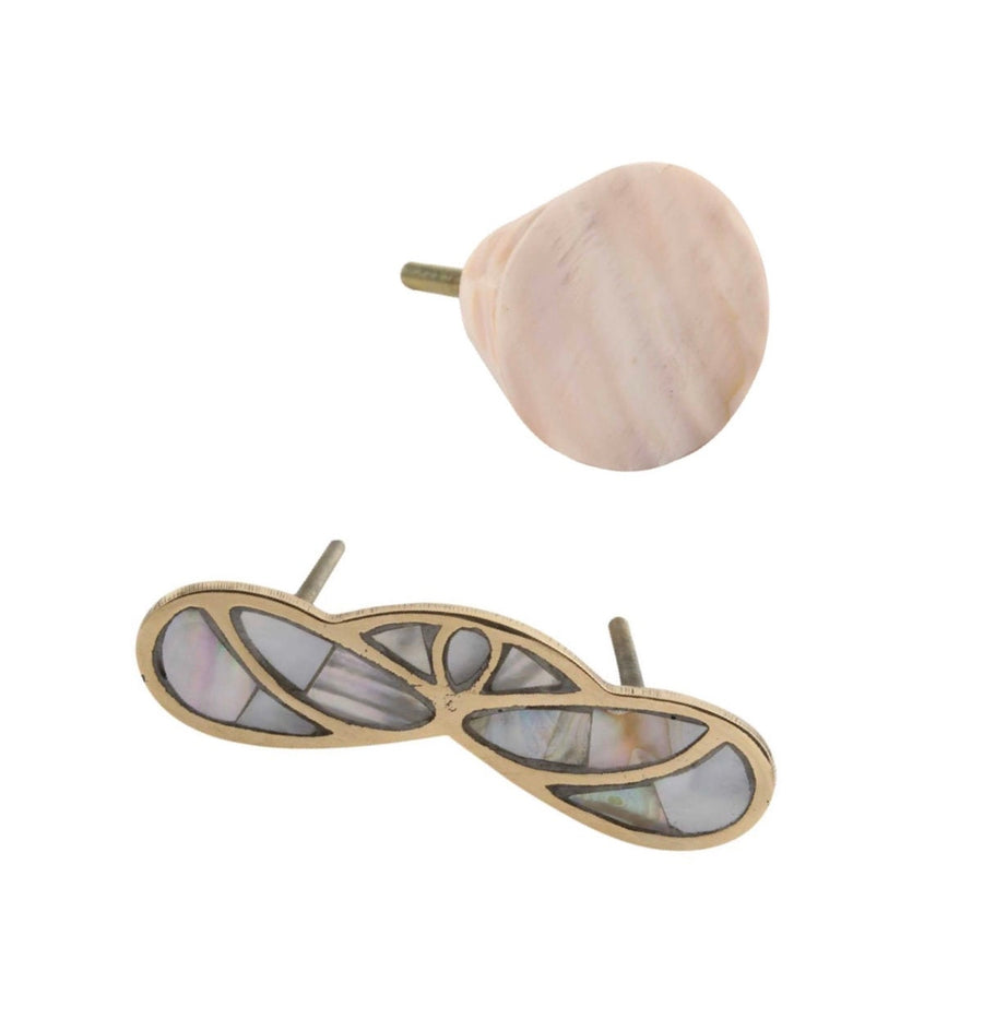 Mother of Pear and Brass "Butterfly" Cabinet Pull  & Round Sea Shell Knob, Modern Cabinet Hardware Shell Drawer Pull