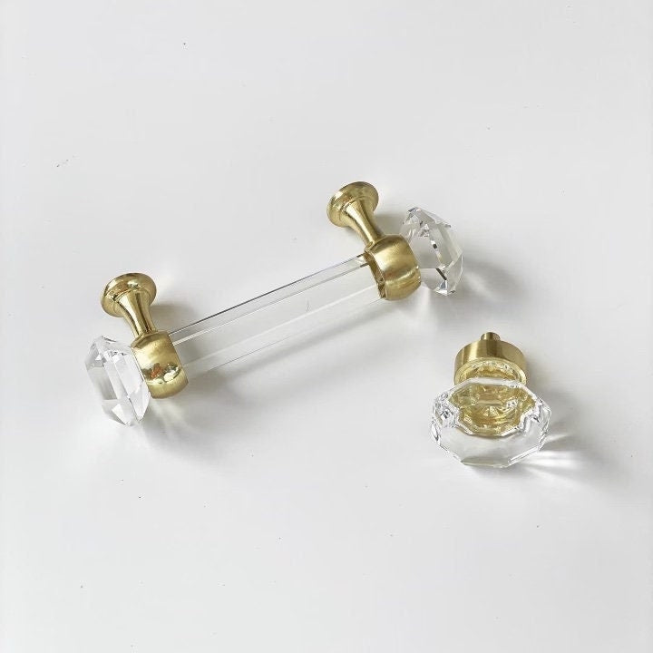 Brushed Brass Glass Octagon Cabinet Knob and Drawer Pull | Cabinet Hardware, Drawer Furniture Handle