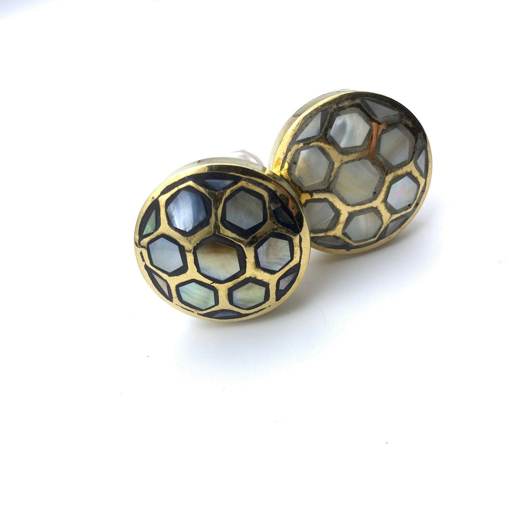 Mother of Pearl White  & Black Honeycomb Shell Knob, w/brass Round Vintage Knob, Cabinet Furniture Hardware